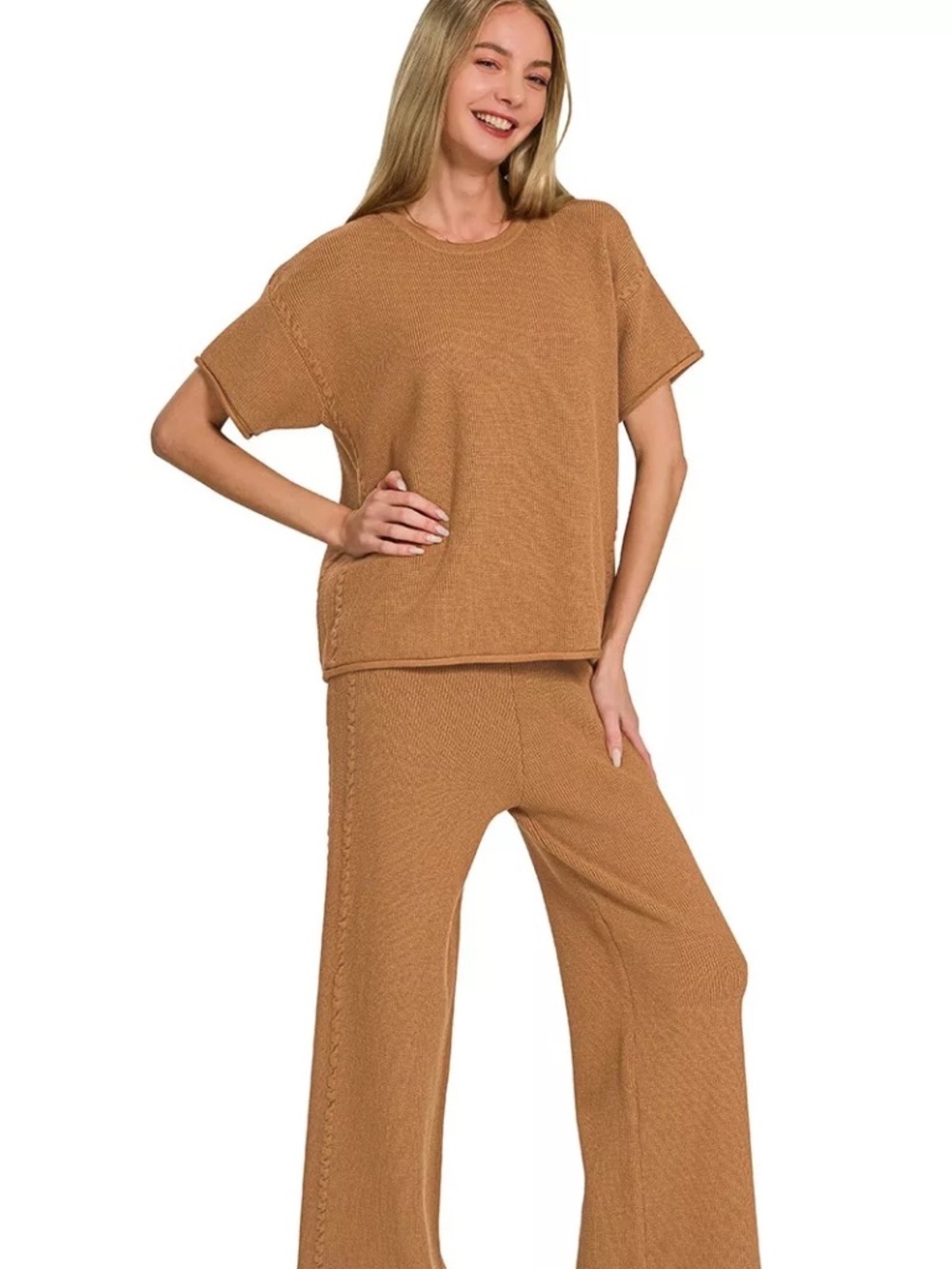 Zenana Premium Viscose Blend Deep Camel Knit Pants Set NWOT